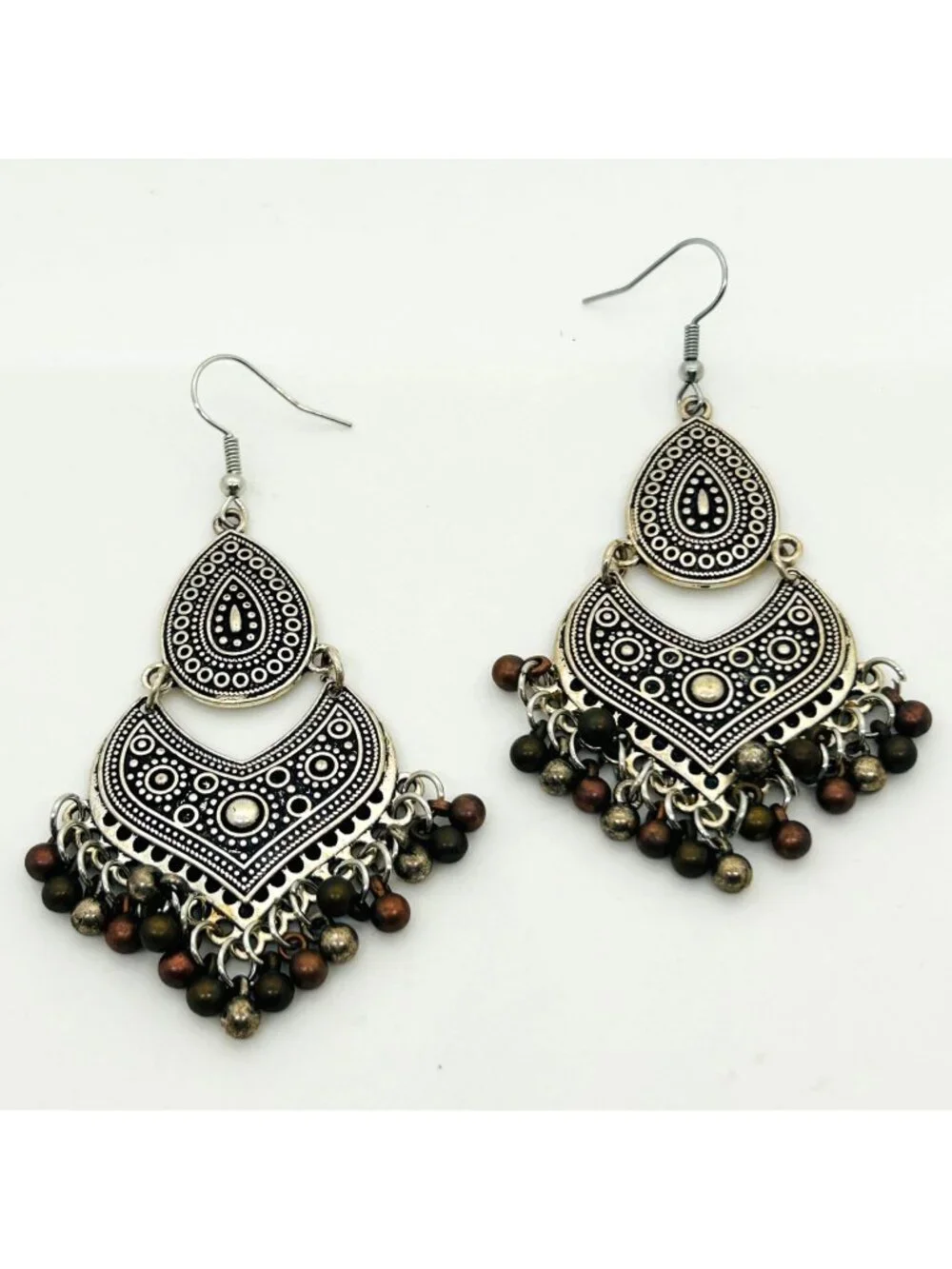 Boho Silver Chandelier Earrings Dangle Fringe Ethnic Beaded Statement Gypsy Drop
